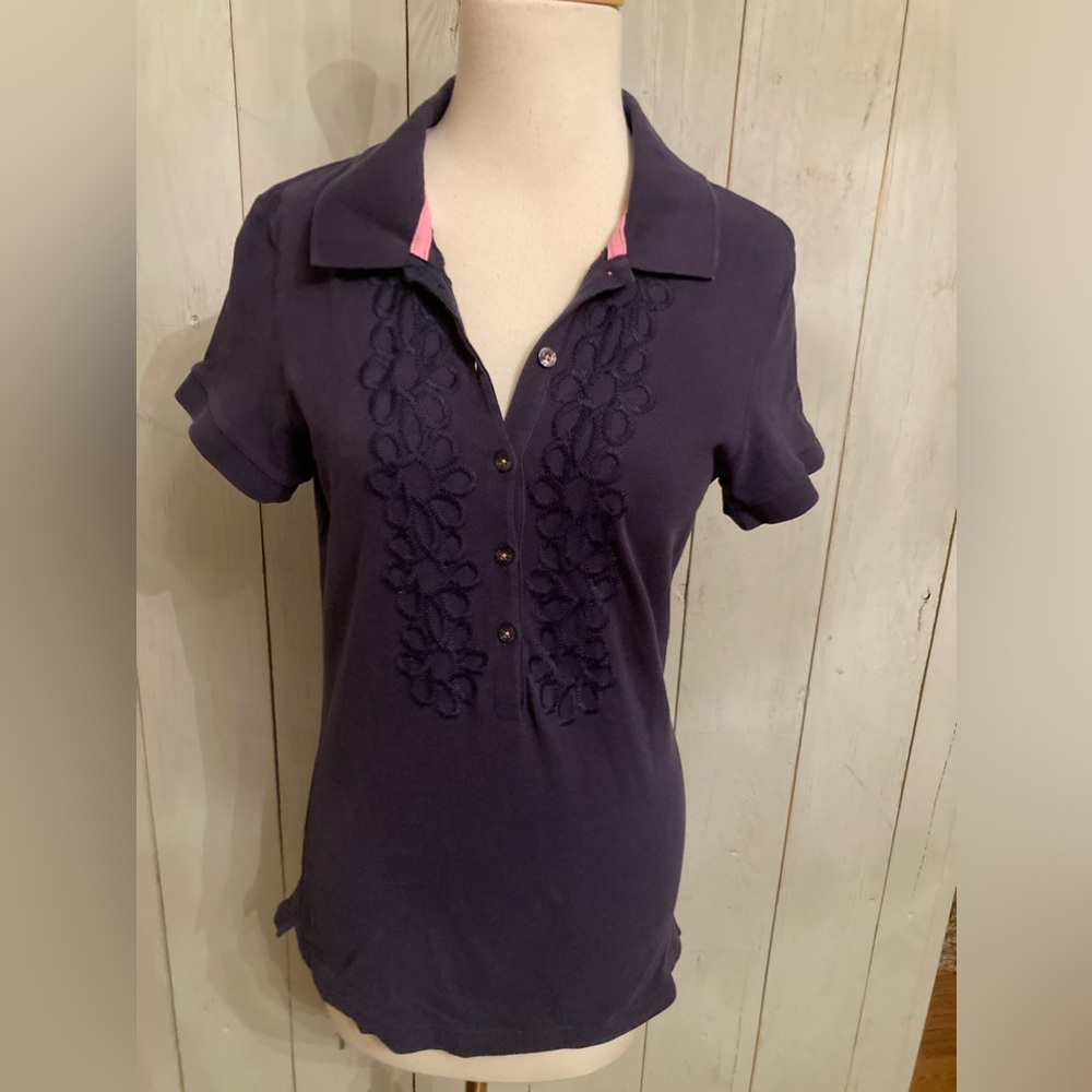 Lilly Pulitzer Floral Embroidered 5-Button Navy Polo Top Sz-M Pink Trim Cotton